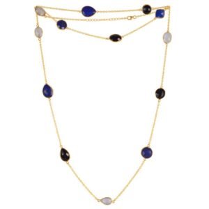 Gold-plated multi-gemstone layered necklace with blue, black, and white stones main view