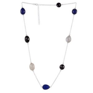 Sterling silver multi-gemstone station necklace with black onyx, lapis lazuli, and mother-of-pearl stones. main view