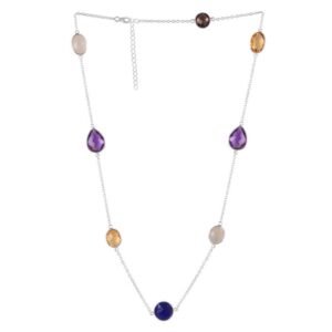 Sterling silver multi-gemstone necklace with colorful stones, elegant and timeless design main view