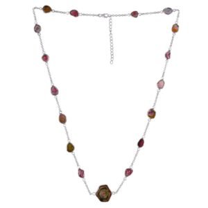 Handcrafted sterling silver watermelon tourmaline station necklace with bezel-set natural gemstones main view