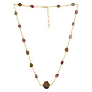 Gold-plated tourmaline station necklace with raw gemstones, elegant handcrafted jewelry main view