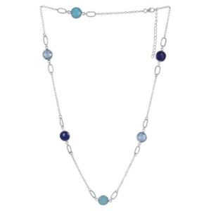 Sterling silver blue gemstone station necklace with adjustable length and elegant design main view