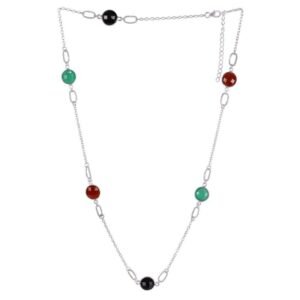 Sterling silver gemstone station necklace with black onyx, green agate, and red carnelian accents main view