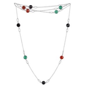 Sterling silver multi-gemstone layered necklace with black, green, and red beads main view