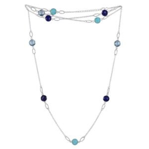 Sterling silver multi-gemstone layered necklace with blue stones and delicate silver chain main view