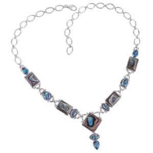 Sterling silver abalone and blue topaz necklace with intricate design and luxury appeal main view