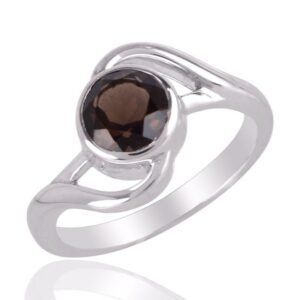 Elegant sterling silver smoky quartz solitaire ring with unique swirl design and bezel-set gemstone main view