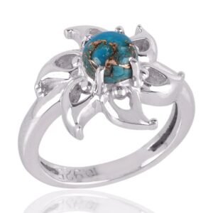 Sterling silver lotus flower ring with blue copper turquoise gemstone, handcrafted with intricate floral design main view