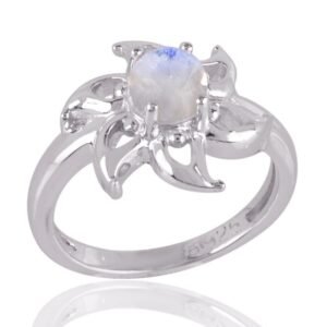 Sterling silver moonstone flower ring with intricate design and boho elegance main view