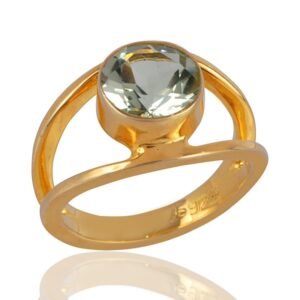 Elegant gold plated amethyst ring with round green amethyst gemstone in open band design main view