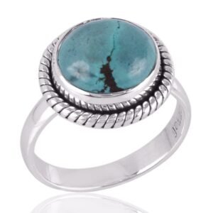 Turquoise sterling silver ring with boho oxidized rope detail, handcrafted statement jewelry main view