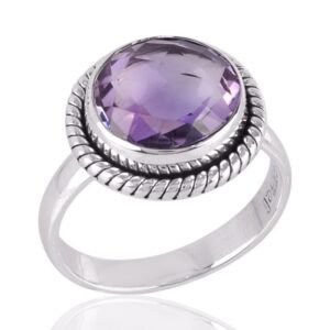 Sterling silver amethyst ring with vintage rope detailing, featuring a faceted purple gemstone. main view