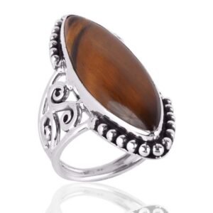 Handcrafted Tiger Eye sterling silver statement ring with filigree detailing main view