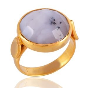 Gold-plated dendritic opal statement ring with faceted gemstone in a nature-inspired design main view