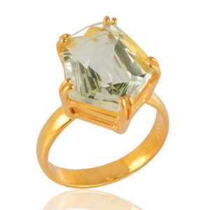 Elegant Green Amethyst gold-plated statement ring with faceted gemstone in prong setting main view