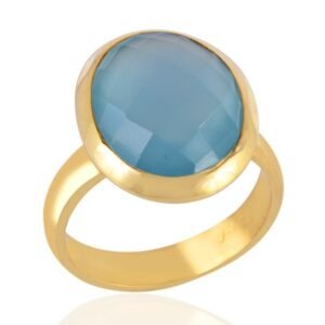 Elegant Blue Chalcedony gold-plated ring with a faceted gemstone in a bezel setting main view