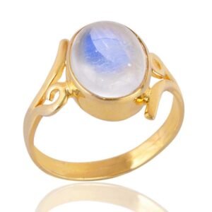 Elegant Rainbow Moonstone gold-plated ring with mystical blue sheen, handcrafted and unique main view