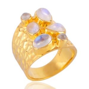 Handcrafted gold-plated Rainbow Moonstone statement ring with shimmering gemstones main view