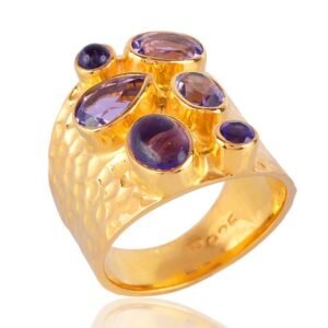 Handcrafted amethyst multi-stone gold statement ring with hammered finish main view