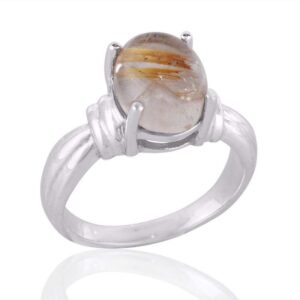 Rutilated Quartz Sterling Silver Ring with golden inclusions, unique handcrafted gemstone jewelry main view