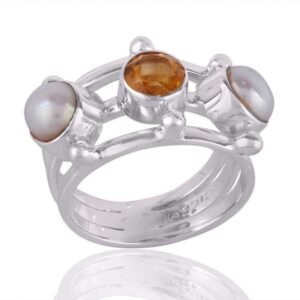 Sterling silver citrine and pearl ring with an openwork band, elegant gemstone jewelry main view