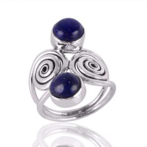 Sterling silver Lapis Lazuli ring with swirl design, featuring two deep blue gemstones. main view