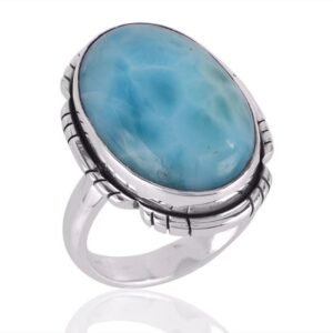 Sterling silver Larimar ring with ocean-blue gemstone, handcrafted for an elegant statement main view