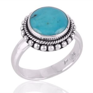 Handcrafted American Turquoise Sterling Silver Ring with Vintage Beaded Detailing main view