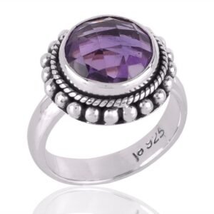 Handmade vintage-inspired amethyst ring in 925 sterling silver with intricate beaded detailing main view