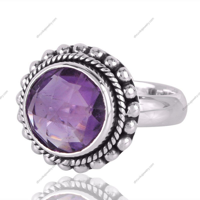 Handmade vintage-inspired amethyst ring in 925 sterling silver with intricate beaded detailing alternate image