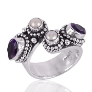 Handcrafted sterling silver amethyst and pearl statement ring with intricate beadwork main view