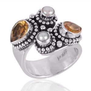 Sterling silver citrine and pearl statement ring with intricate oxidized detailing main view