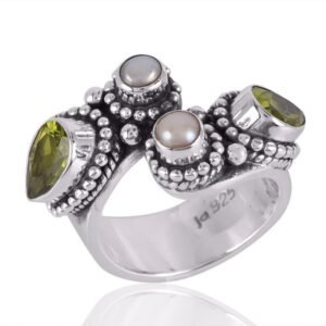 Handmade sterling silver pearl and peridot ring with intricate detailing, boho vintage jewelry main view