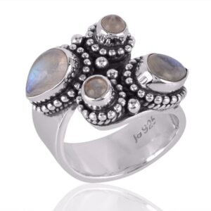 Handcrafted sterling silver Rainbow Moonstone ring with boho design and intricate oxidized details main view