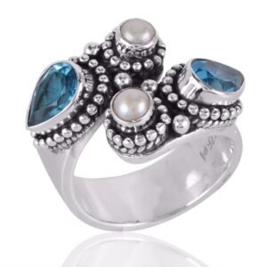 Vintage Blue Topaz & Pearl Sterling Silver Ring with intricate beaded detailing main view