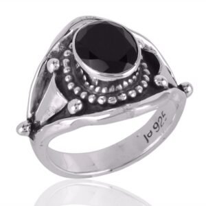 Handcrafted Black Onyx Sterling Silver Statement Ring with vintage boho design main view