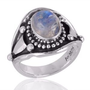 Handcrafted Rainbow Moonstone Sterling Silver Boho Statement Ring with intricate artisan details main view