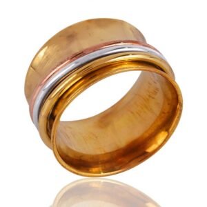 Handcrafted brass spinner ring with tri-color accents, wide meditation band for stress relief main view