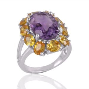 Elegant Amethyst and Citrine Halo Ring in Sterling Silver, oval gemstone ring main view