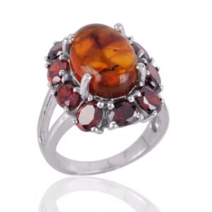 Elegant oval amber and garnet statement ring in sterling silver with prong setting main view