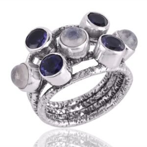 Iolite and Rainbow Moonstone sterling silver statement ring, handcrafted and unique design main view