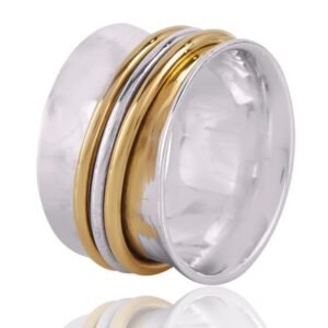 Handcrafted sterling silver and gold spinner ring with wide band design main view