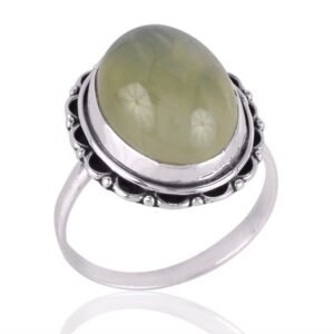 Elegant prehnite sterling silver ring with vintage-inspired details and cabochon gemstone main view