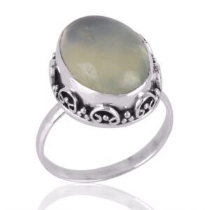 Elegant vintage Prehnite gemstone ring in sterling silver with intricate detailing main view