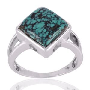 Handcrafted sterling silver Tibetan turquoise ring with square natural stone and polished finish main view