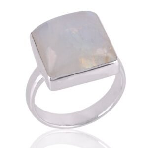 Handmade Rainbow Moonstone ring in sterling silver with an elegant square design main view