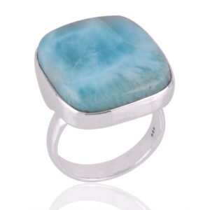 Elegant Larimar sterling silver ring with ocean blue gemstone, handcrafted statement jewelry main view