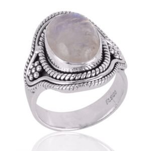 Handcrafted Rainbow Moonstone sterling silver ring with vintage bohemian detailing main view