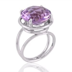 Elegant sterling silver amethyst cocktail ring with faceted gemstone and modern design main view