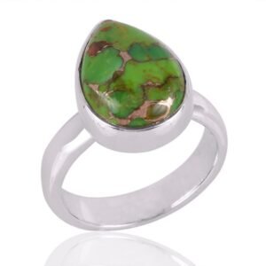 Green Copper Turquoise teardrop ring in sterling silver – handmade boho statement jewelry main view